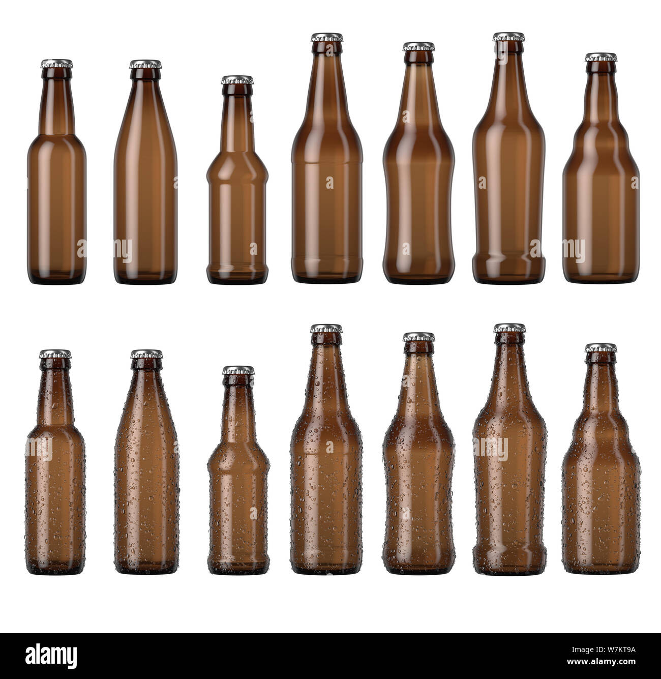 A range of various shaped amber glass beer bottles with droplets of