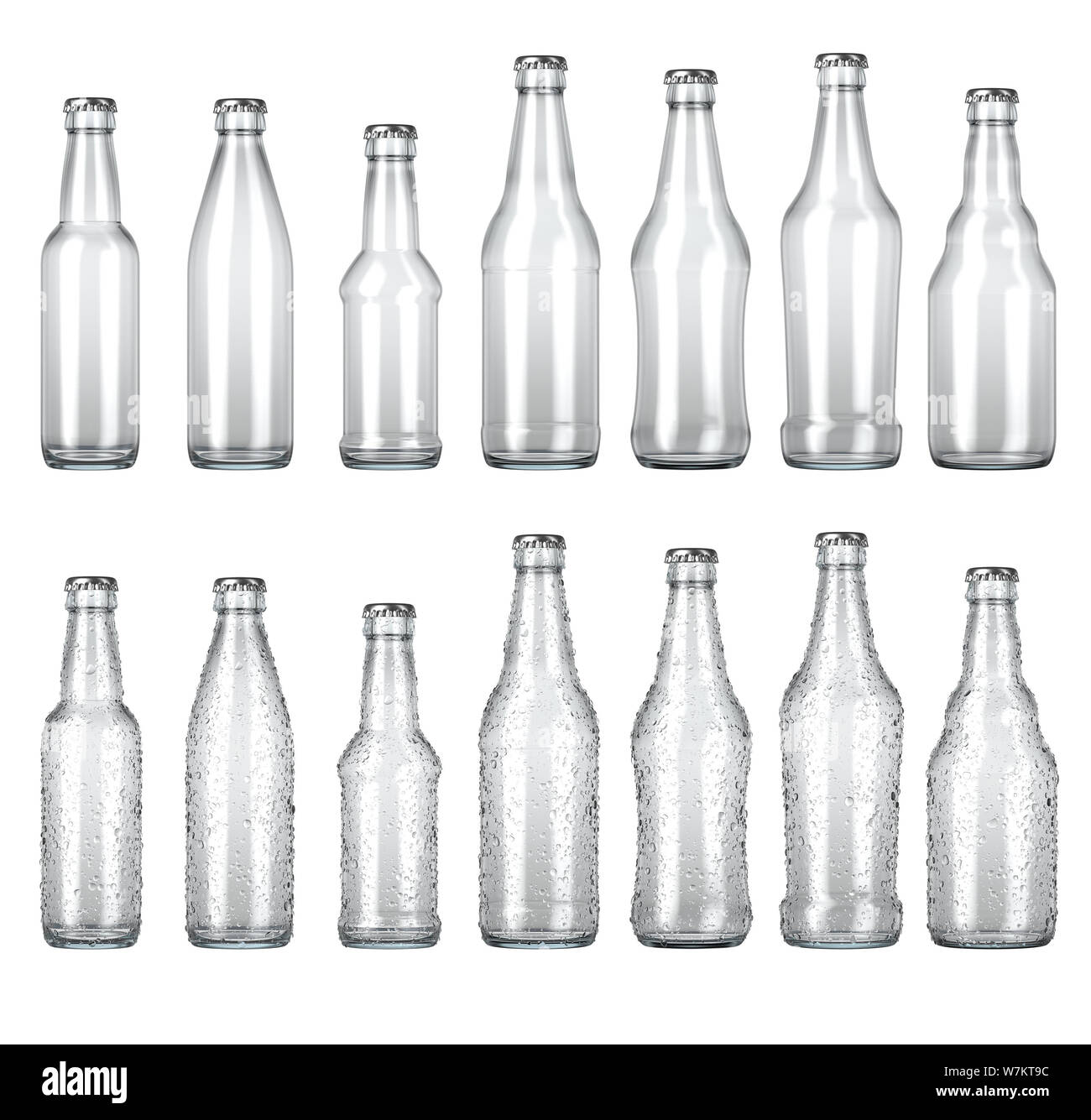 A range of various shaped clear glass beer bottles with droplets of