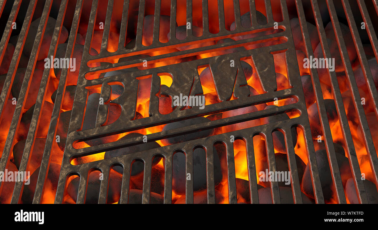 Burning hot coal in a barbecue stand covered by an iron grill with the word braai cut out of it - 3D render Stock Photo