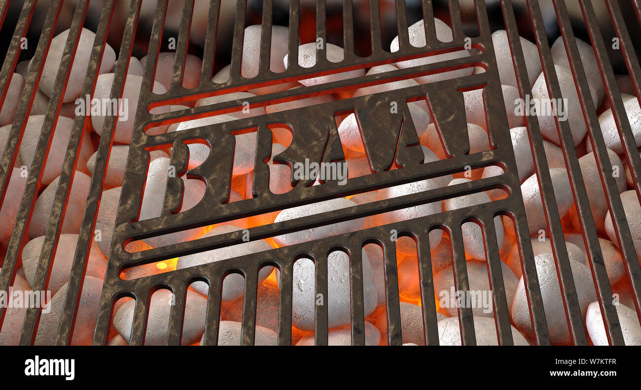 Burning hot coal and white ash in a barbecue stand covered by an iron grill with the word braai cut out of it - 3D render Stock Photo