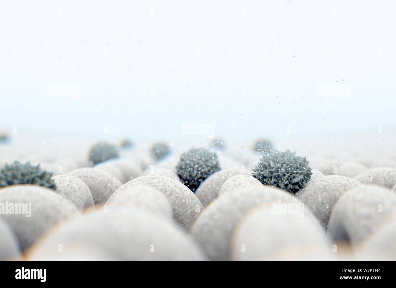 A microscopic close up view of a simple woven textile and a visible germ particle  - 3D render Stock Photo