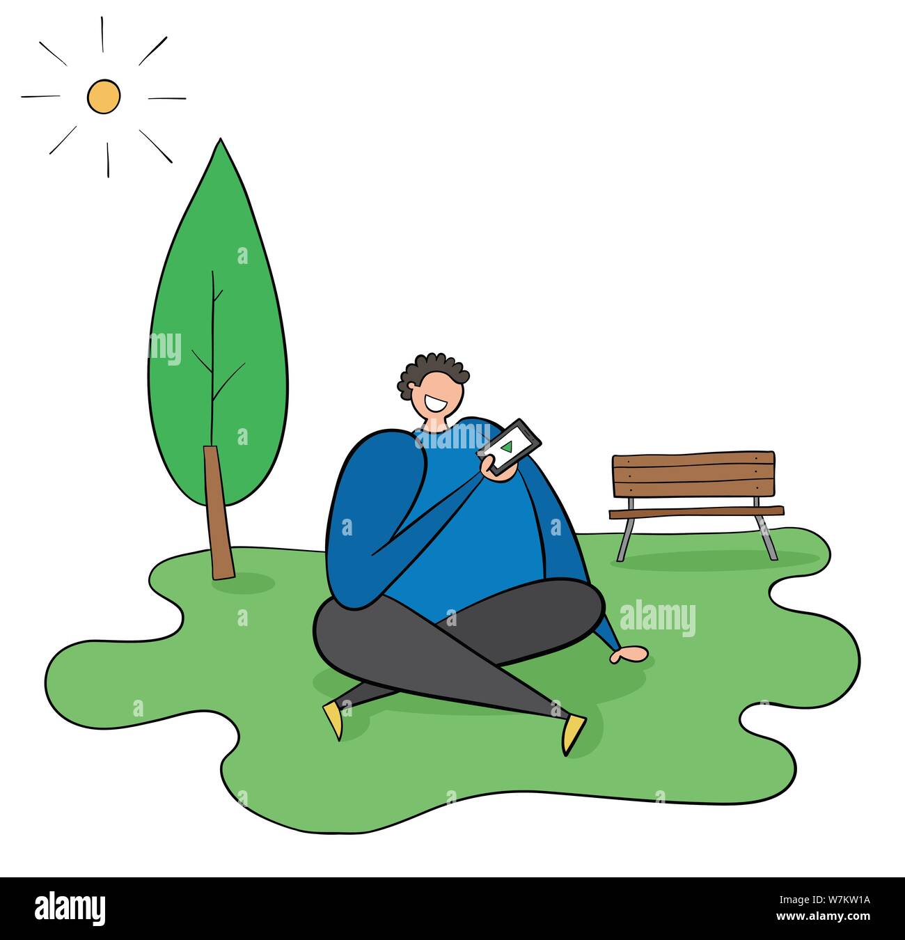 The man is sitting on the grass in the park, the weather is sunny, he has  the mobile phone in his hand and watching video. Black outlines and colored  Stock Vector Image