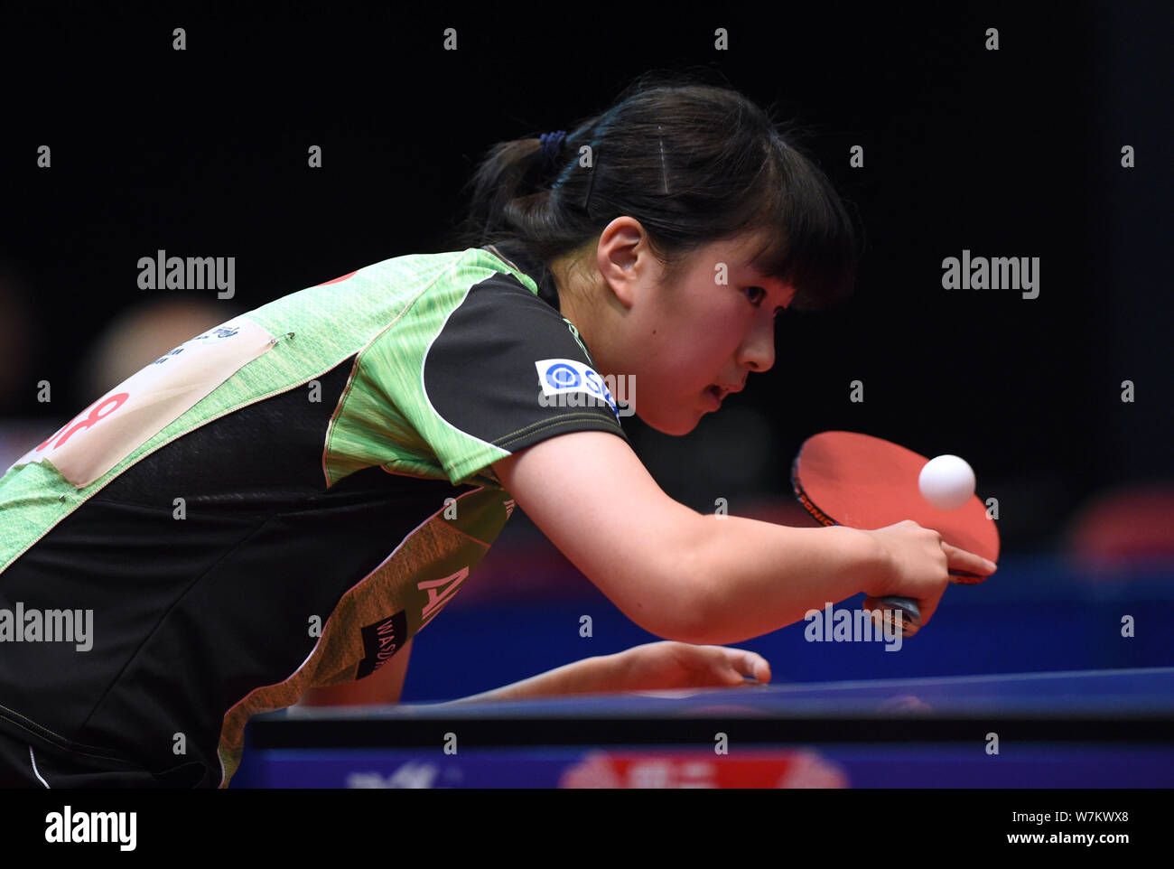 Soma Yumeno of Japan serves against Qian Tianyi of China in their Junior Girls Singles match during the 2017 ITTF World Junior Circuit Hong Kong Junio Stock Photo