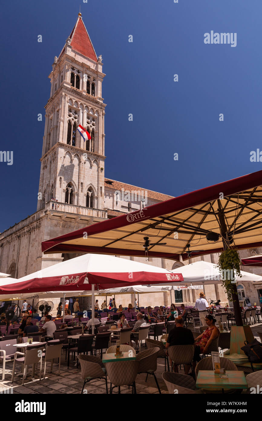 Open air resturant under a tower at Trogir on the Adriatic coast of Croatia Stock Photo
