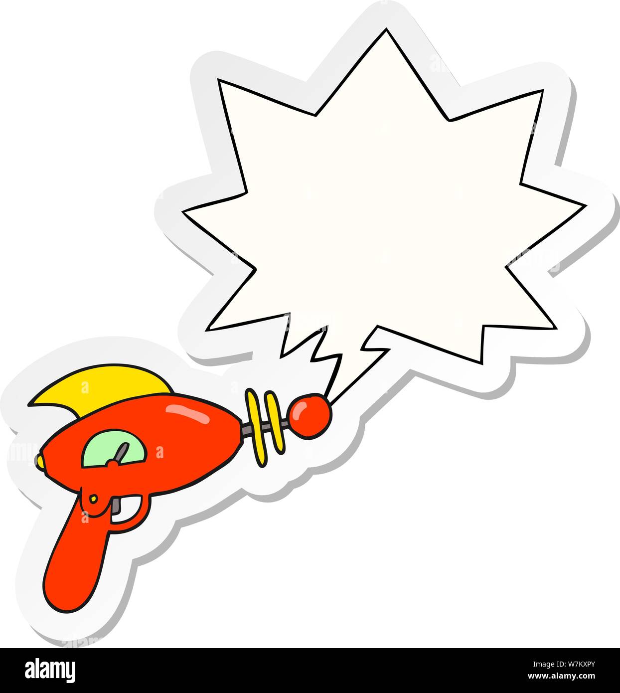 cartoon ray gun with speech bubble sticker Stock Vector