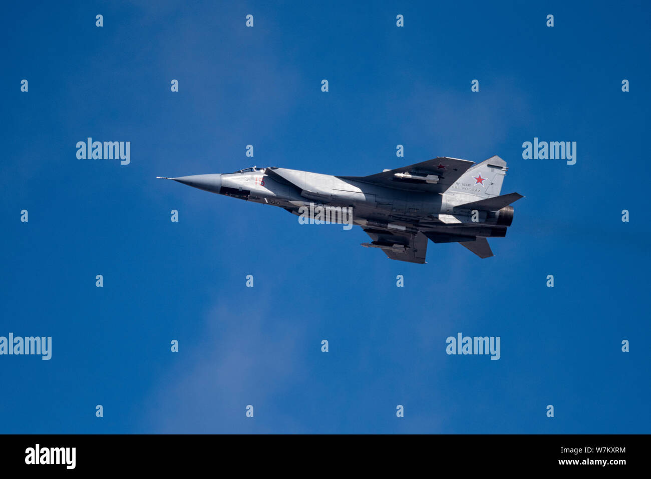 Novosibirsk, Russia - April 1, 2019: Mikoyan-Gurevich MiG-31BM Foxhound RF-92337 in the sky after take off from the international airport Tolmachevo. Stock Photo