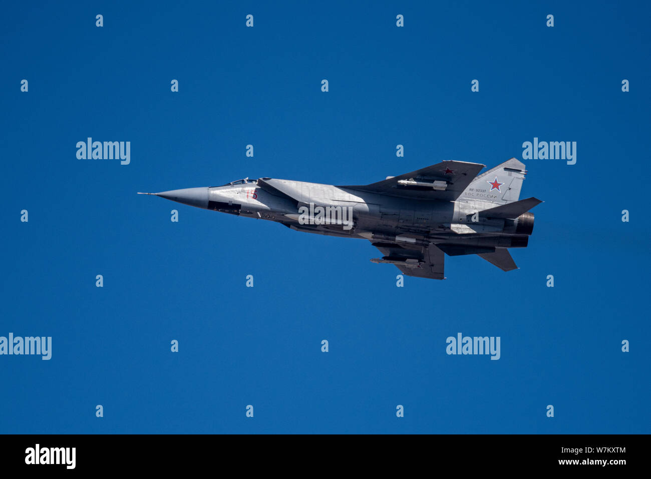 Novosibirsk, Russia - April 1, 2019: Mikoyan-Gurevich MiG-31BM Foxhound RF-92337 in the sky after take off from the international airport Tolmachevo. Stock Photo