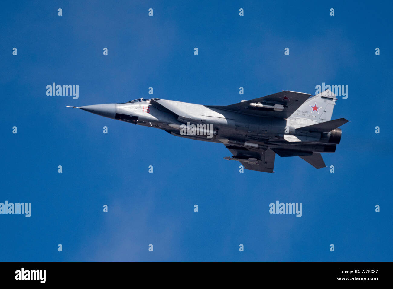 Novosibirsk, Russia - April 1, 2019: Mikoyan-Gurevich MiG-31BM Foxhound RF-92337 in the sky after take off from the international airport Tolmachevo. Stock Photo