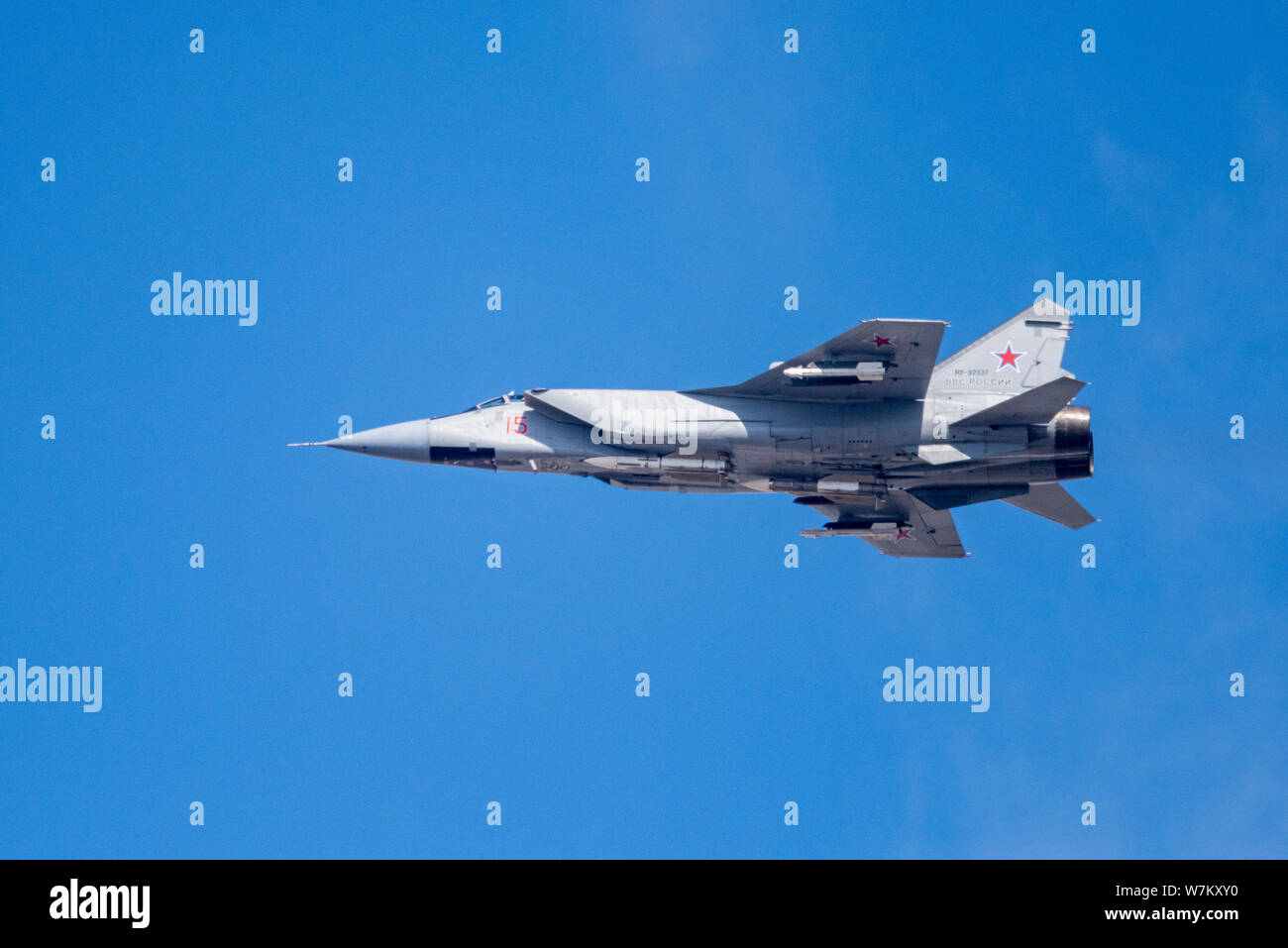 Novosibirsk, Russia - April 1, 2019: Mikoyan-Gurevich MiG-31BM Foxhound RF-92337 in the sky after take off from the international airport Tolmachevo. Stock Photo