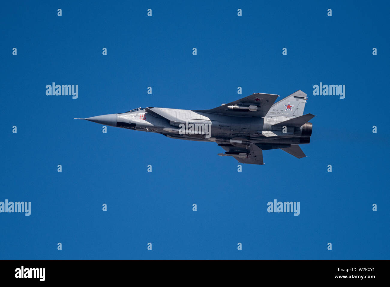 Novosibirsk, Russia - April 1, 2019: Mikoyan-Gurevich MiG-31BM Foxhound RF-92337 in the sky after take off from the international airport Tolmachevo. Stock Photo