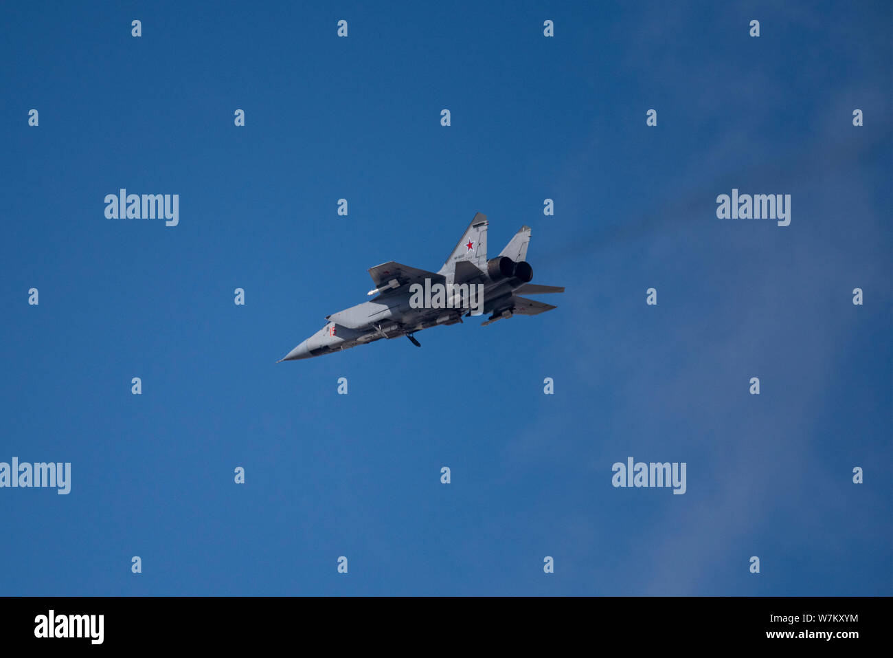Novosibirsk, Russia - April 1, 2019: Mikoyan-Gurevich MiG-31BM Foxhound RF-92337 in the sky after take off from the international airport Tolmachevo. Stock Photo