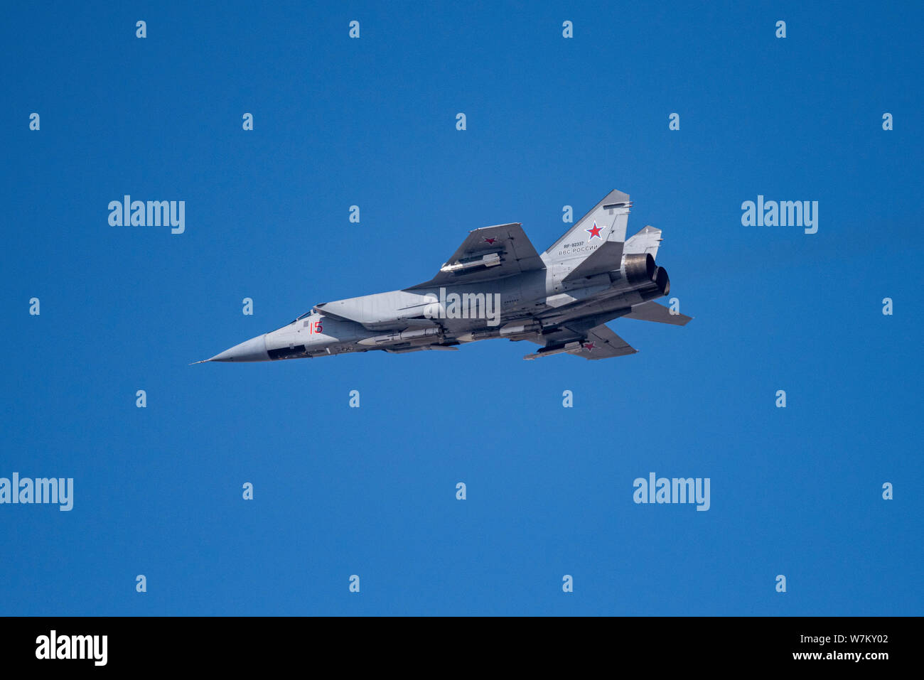 Novosibirsk, Russia - April 1, 2019: Mikoyan-Gurevich MiG-31BM Foxhound RF-92337 in the sky after take off from the international airport Tolmachevo. Stock Photo