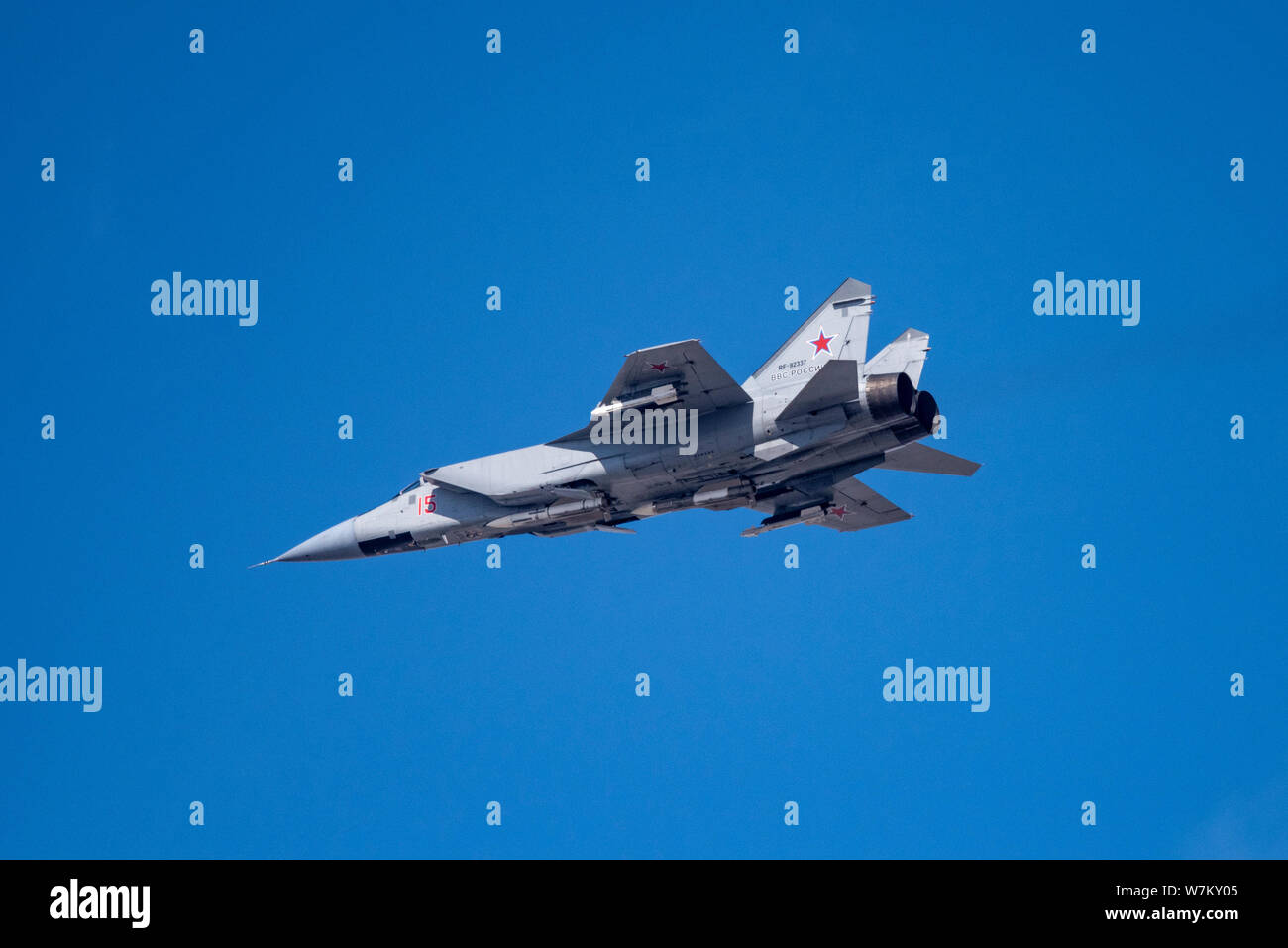 Novosibirsk, Russia - April 1, 2019: Mikoyan-Gurevich MiG-31BM Foxhound RF-92337 in the sky after take off from the international airport Tolmachevo. Stock Photo