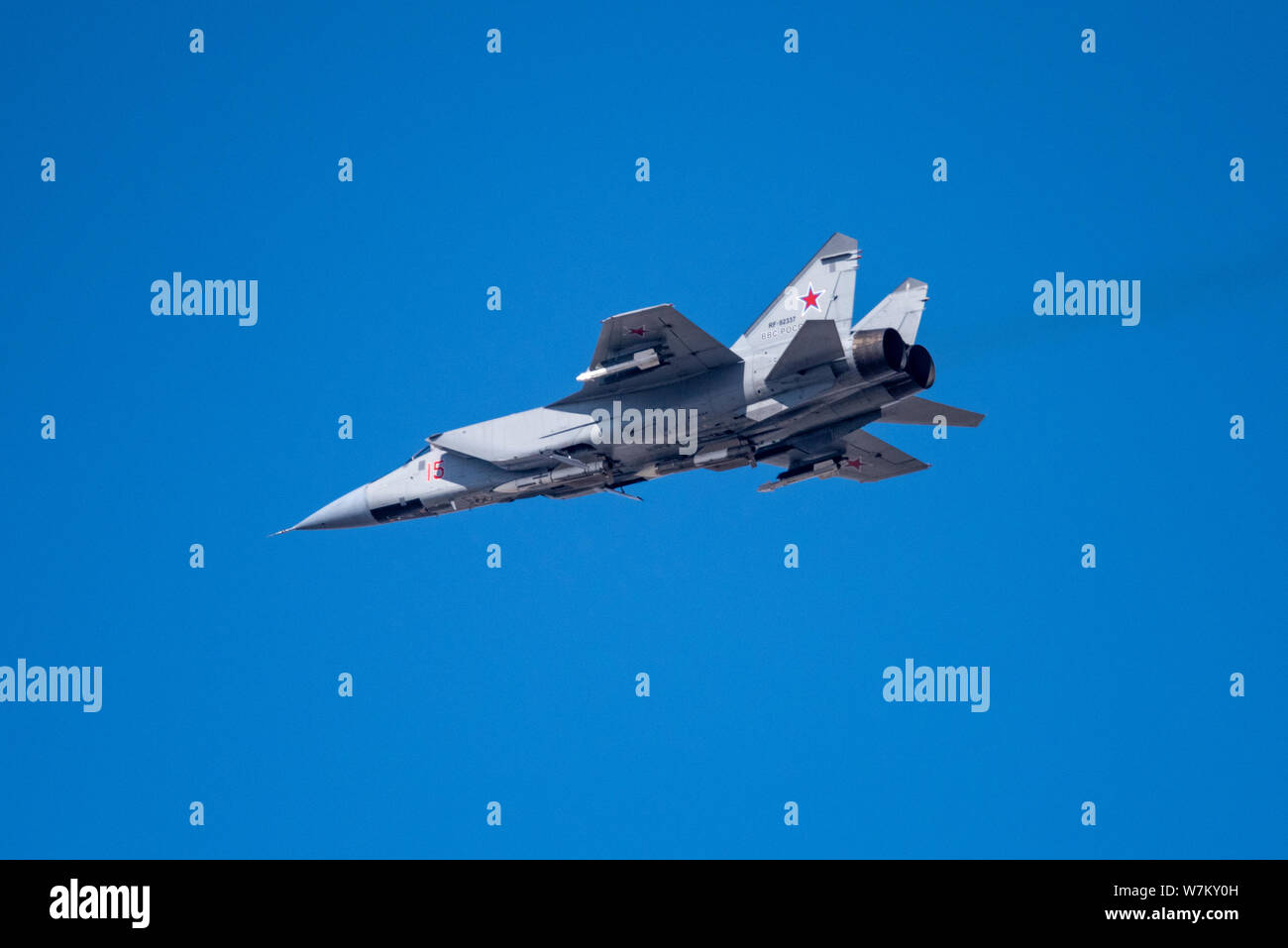 Novosibirsk, Russia - April 1, 2019: Mikoyan-Gurevich MiG-31BM Foxhound RF-92337 in the sky after take off from the international airport Tolmachevo. Stock Photo