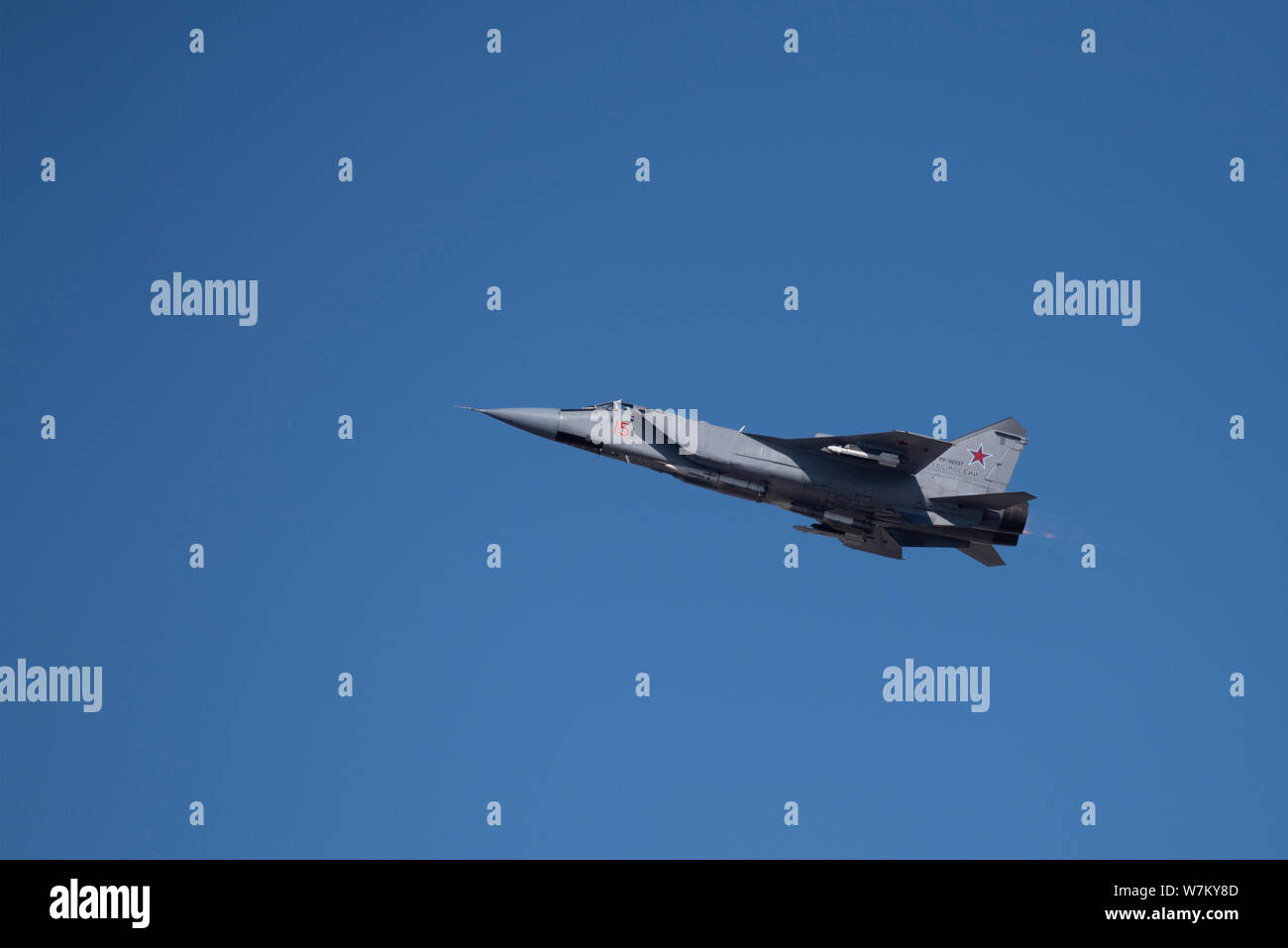 Novosibirsk, Russia - April 1, 2019: Mikoyan-Gurevich MiG-31BM Foxhound RF-92337 in the sky after take off from the international airport Tolmachevo. Stock Photo