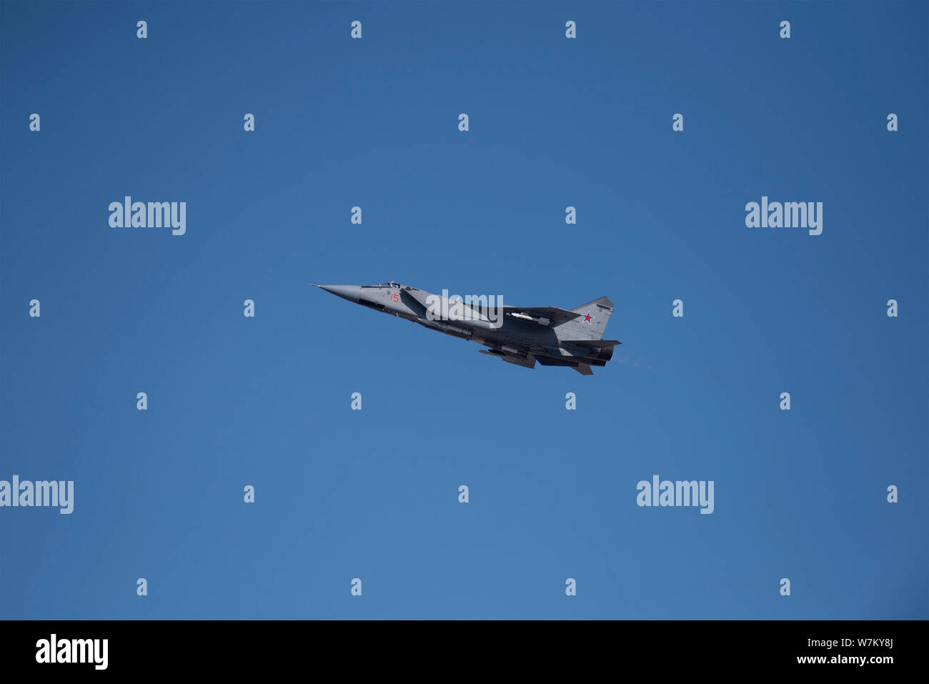 Novosibirsk, Russia - April 1, 2019: Mikoyan-Gurevich MiG-31BM Foxhound RF-92337 in the sky after take off from the international airport Tolmachevo. Stock Photo
