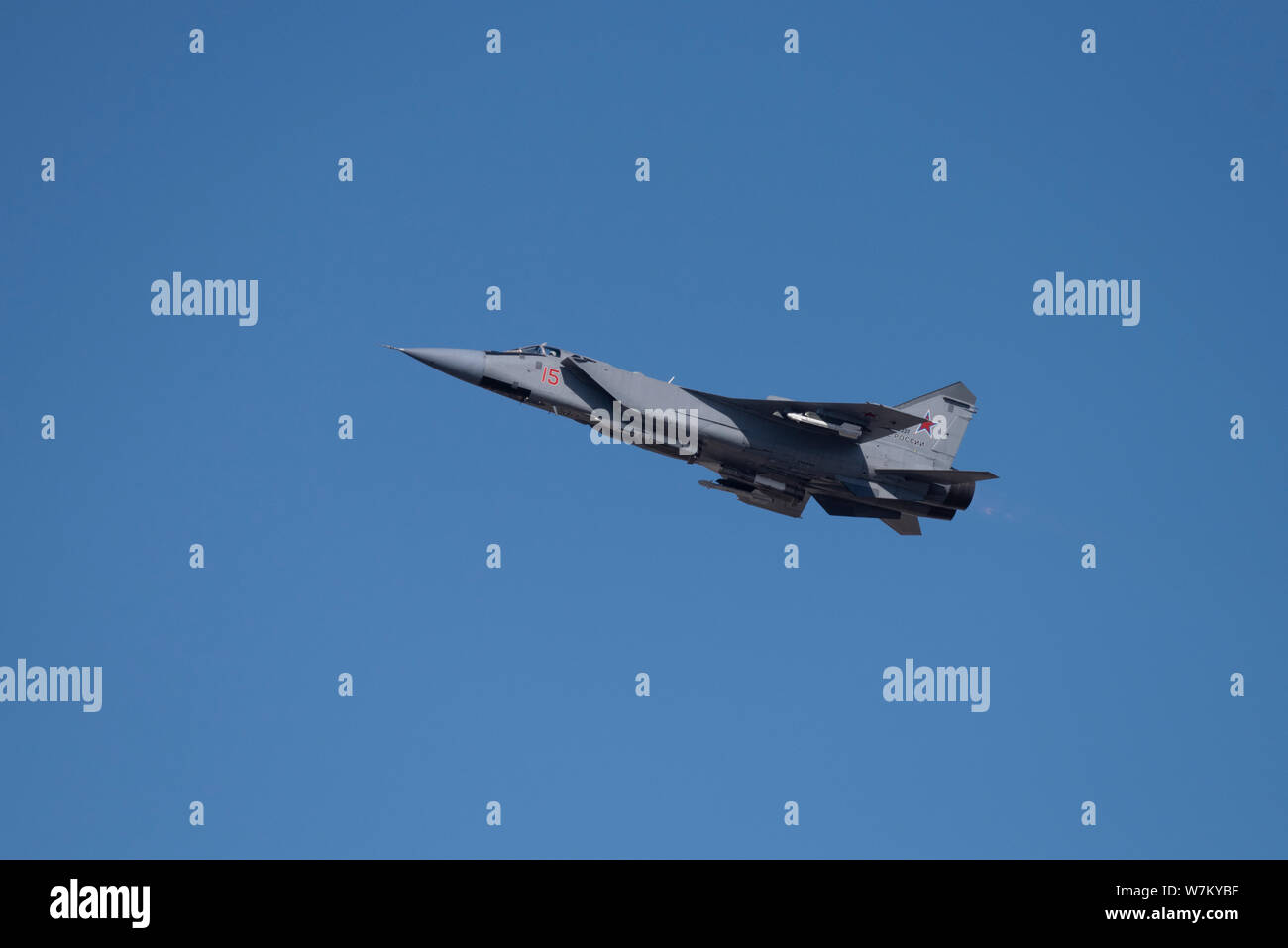 Novosibirsk, Russia - April 1, 2019: Mikoyan-Gurevich MiG-31BM Foxhound RF-92337 in the sky after take off from the international airport Tolmachevo. Stock Photo