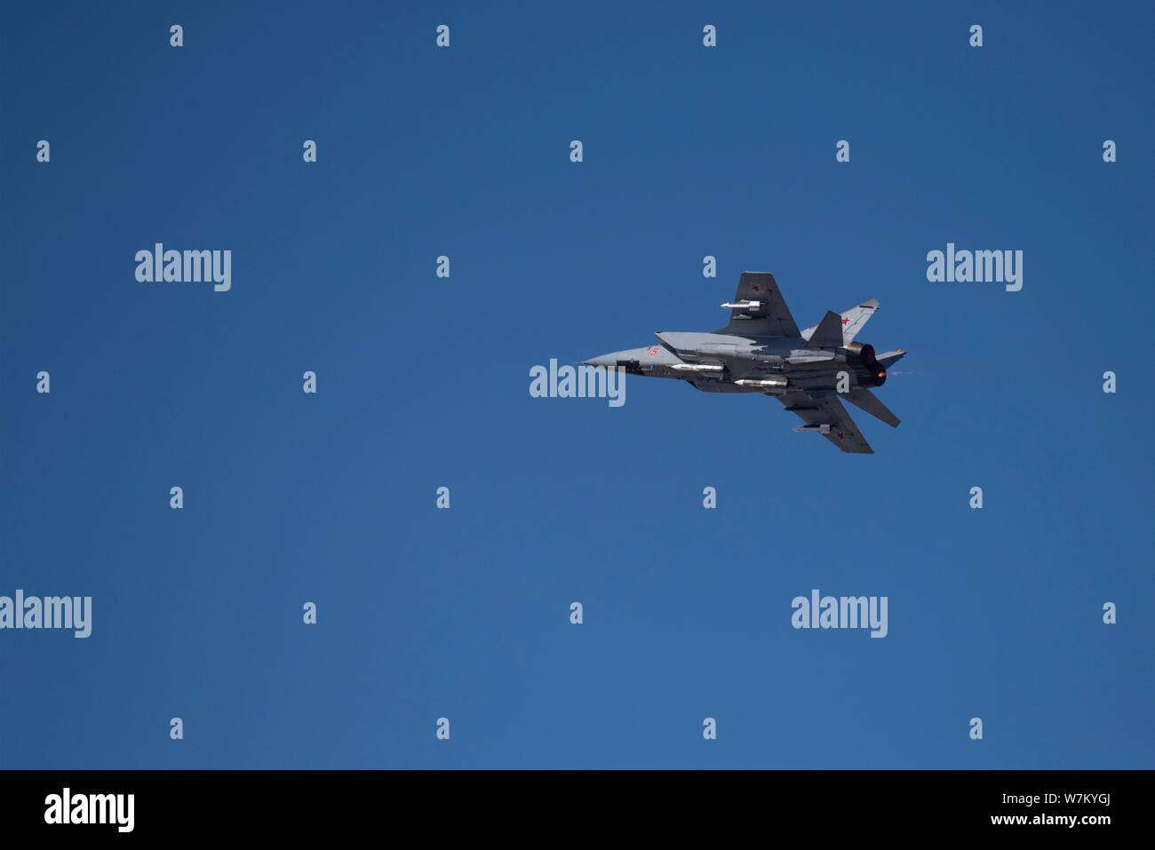 Novosibirsk, Russia - April 1, 2019: Mikoyan-Gurevich MiG-31BM Foxhound RF-92337 in the sky after take off from the international airport Tolmachevo. Stock Photo