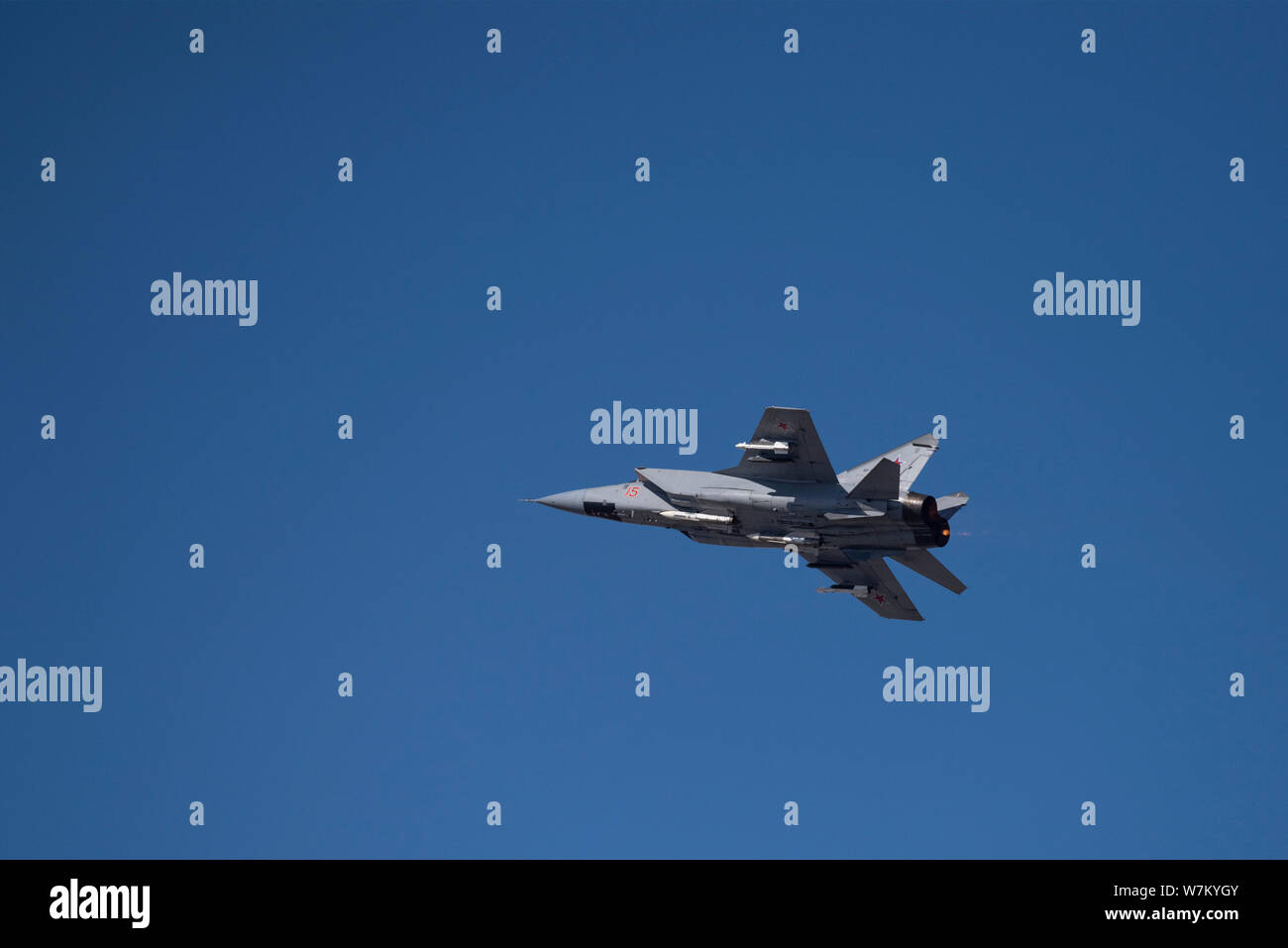 Novosibirsk, Russia - April 1, 2019: Mikoyan-Gurevich MiG-31BM Foxhound RF-92337 in the sky after take off from the international airport Tolmachevo. Stock Photo