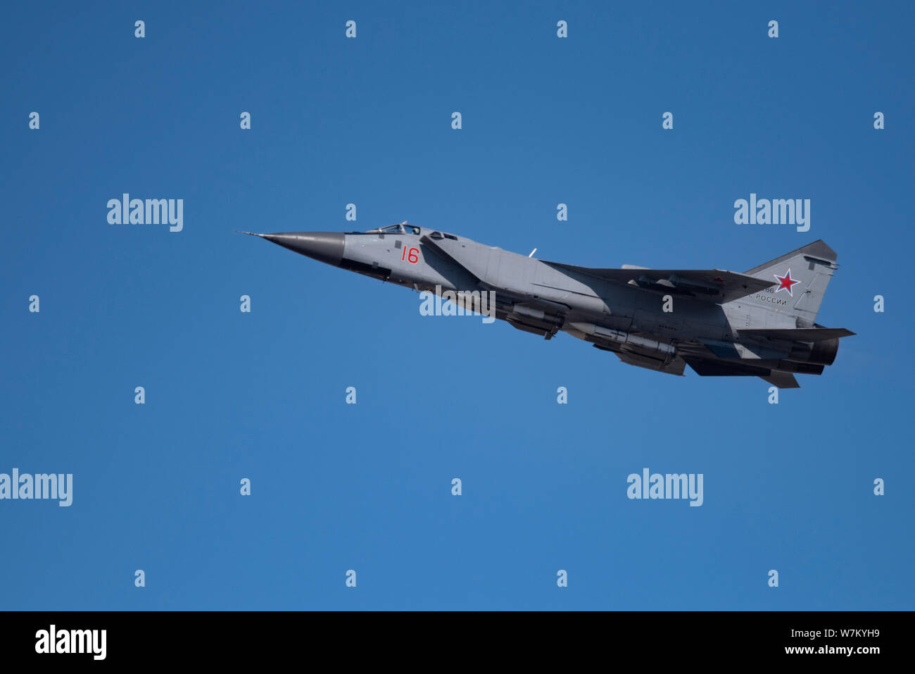 Novosibirsk, Russia - April 1, 2019: Mikoyan-Gurevich MiG-31BM Foxhound RF-95186 in the sky after take off from the international airport Tolmachevo. Stock Photo