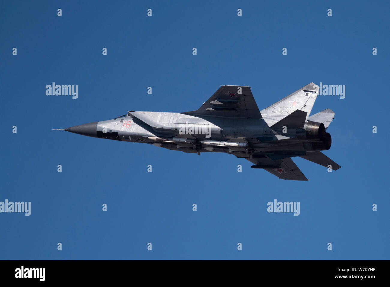 Novosibirsk, Russia - April 1, 2019: Mikoyan-Gurevich MiG-31BM Foxhound RF-95186 in the sky after take off from the international airport Tolmachevo. Stock Photo