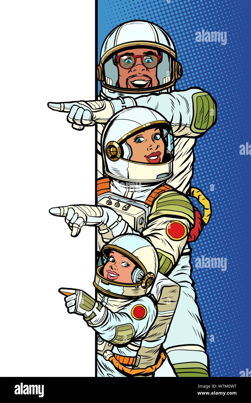 multi race family astronauts mom dad and son. Point to copy space poster. Pop art retro vector Illustrator vintage kitsch drawing Stock Vector