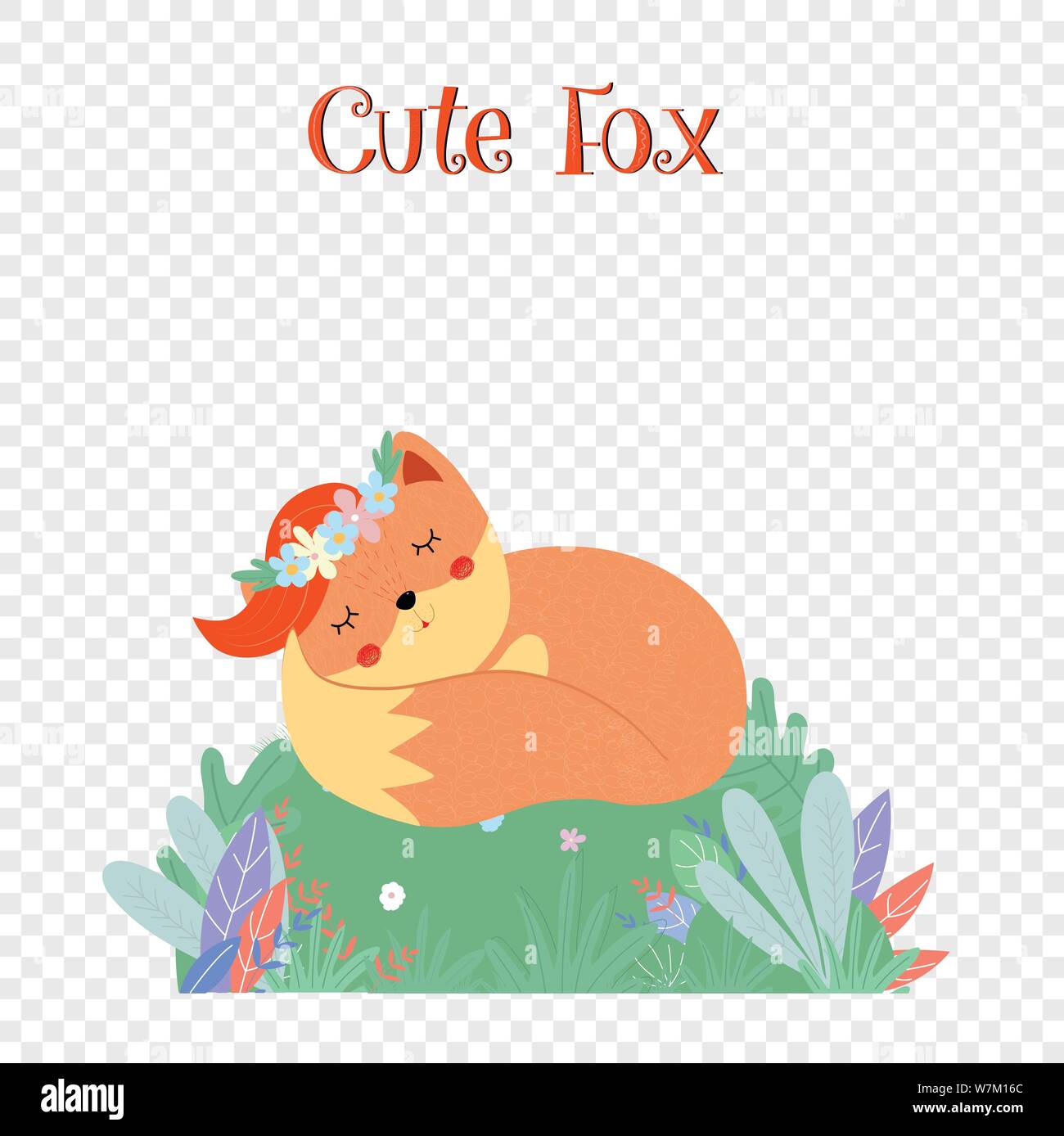 Cute fox in floral wreath sleeping on green field Stock Vector Image ...