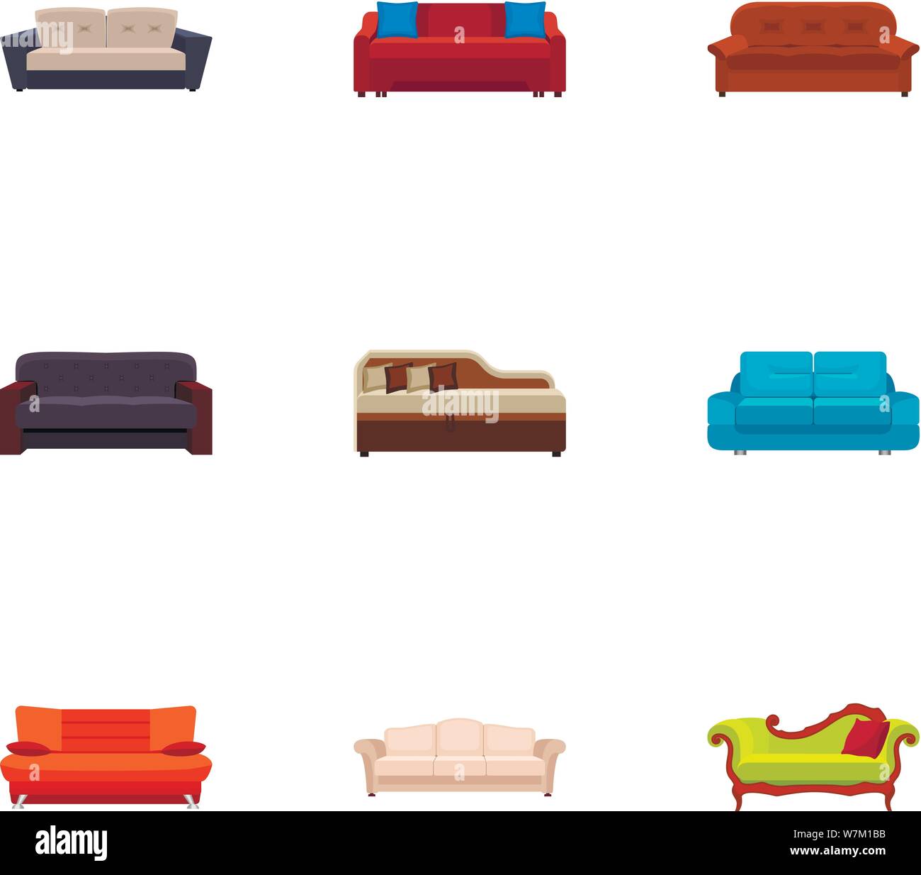 Modern sofa icon set. Flat set of 9 modern sofa vector icons for web design isolated on white background Stock Vector