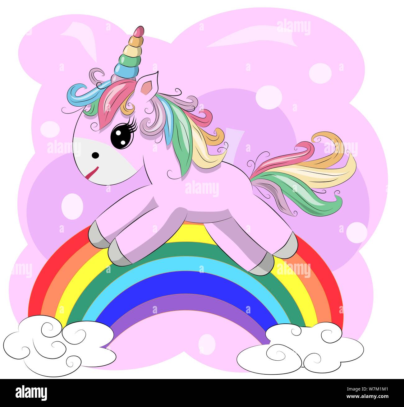 A little pink cute cartoon Unicorn on a rainbow. Postcard, spring, magic  Stock Vector Image & Art - Alamy
