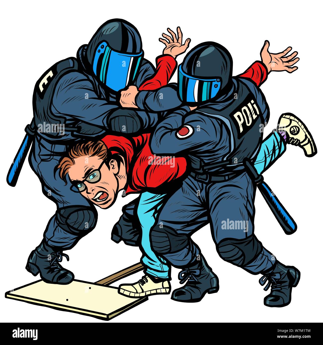 Police detain a protester, the violence against the opposition. Pop art retro vector Illustrator vintage kitsch drawing Stock Vector