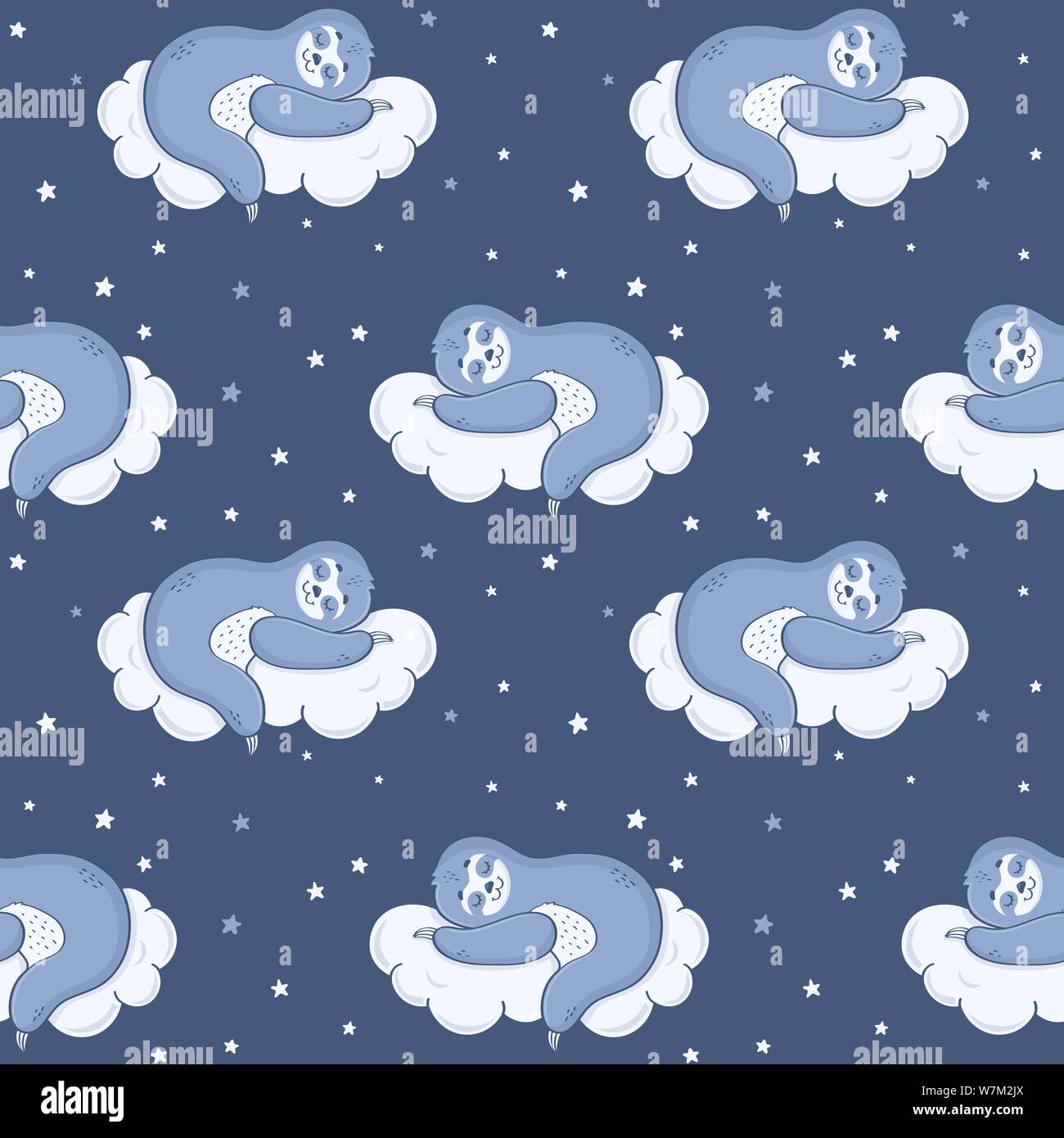 Seamless pattern with cute sloth sleeping on a cloud. Vector background. Stock Vector