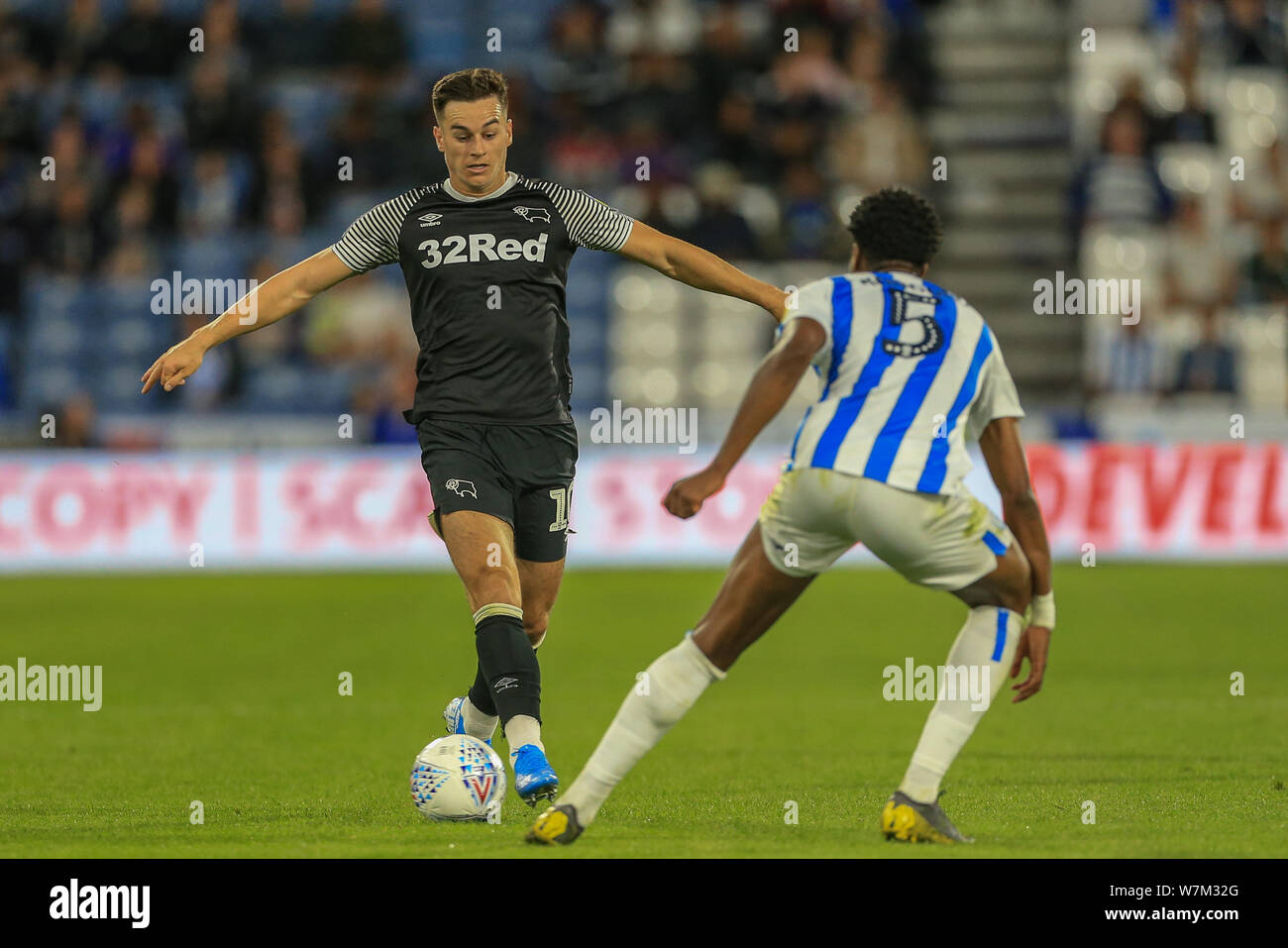 5th August 2019, John Smiths Stadium, Huddersfield England; Sky Bet Championship, Huddersfield Town vs Derby County ; Tom Lawrence (10) of Derby County in action during the game   Credit: Mark Cosgrove/News Images  English Football League images are subject to DataCo Licence Stock Photo