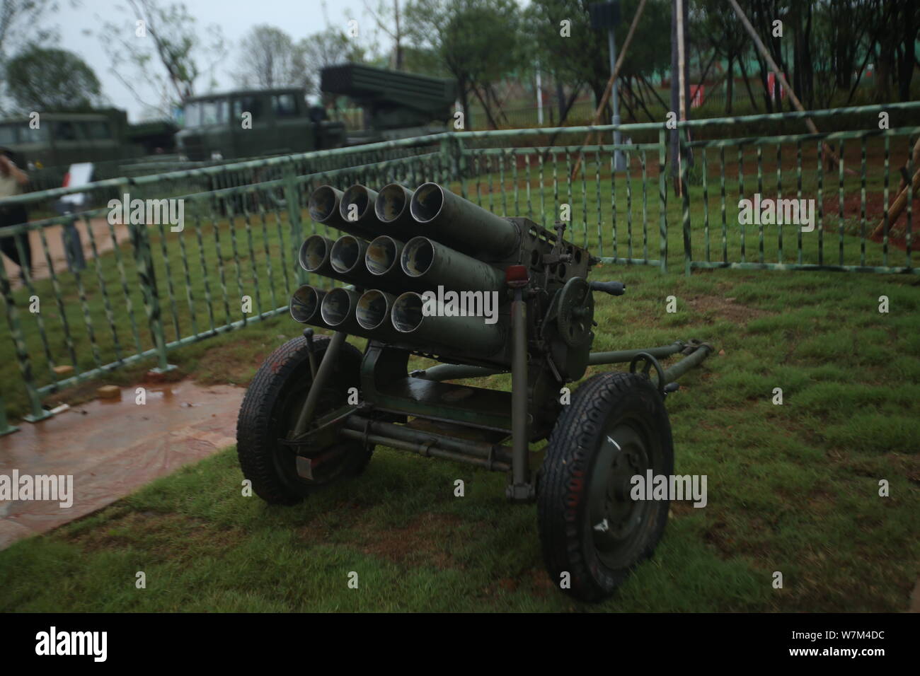 A Type 63 107mm multiple rocket launcher of Chinese PLA's (Peoples Liberation Army) Air Force is on display at a military theme park to mark the 90th Stock Photo