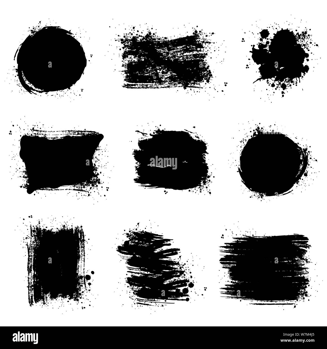 Paint brush stains, ink strokes and blots of different shapes for frame, banner, text box or clipping mask. Vector grunge textures on white background Stock Vector