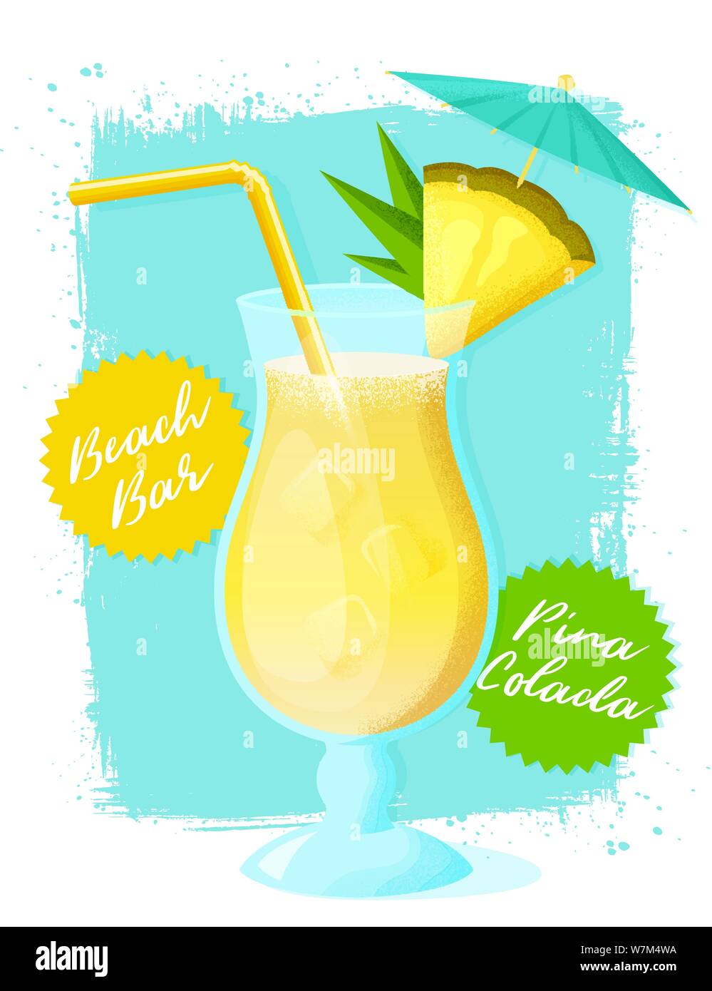 Pina Colada cocktail with pineapple slice, straw and umbrella. Poster with glass of alcoholic drink on grunge background. Vector illustration. Stock Vector