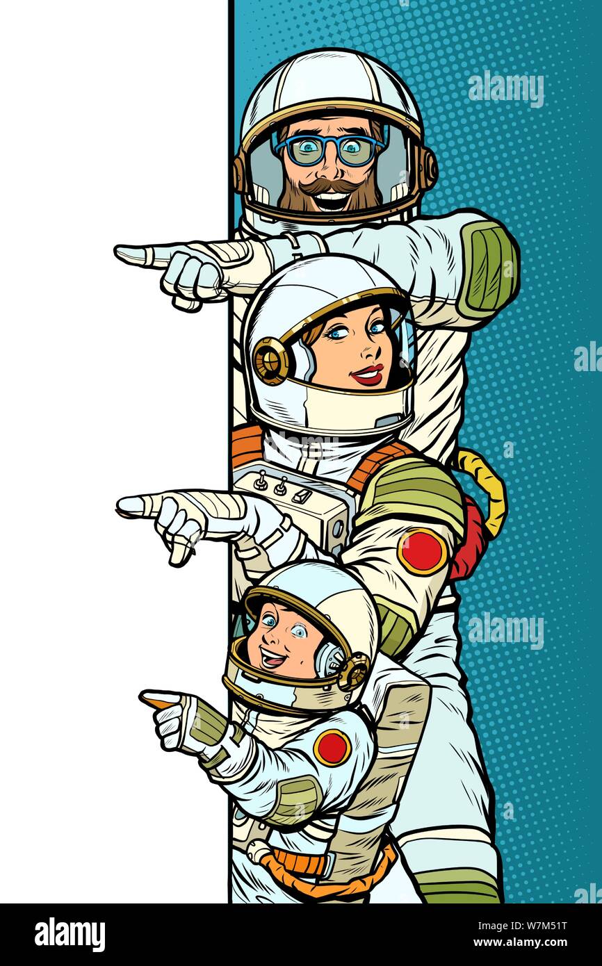 Family astronauts mom dad and son. Point to copy space poster. Pop art retro vector Illustrator vintage kitsch drawing Stock Vector