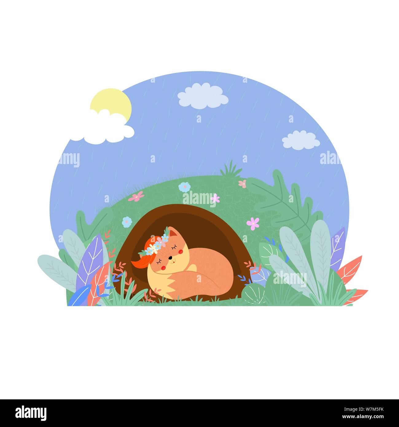 Cute fox in wreath sleep in hole at sunny day Stock Vector