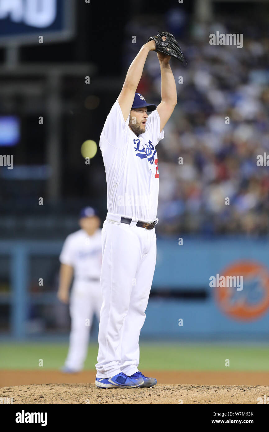 Los Angeles, USA. 6th Aug 2019. Los Angeles Dodgers starting pitcher  Clayton Kershaw (22) shows his unique pre-pitch stretch during the game  between the St. Louis Cardinals and the Los Angeles Dodgers