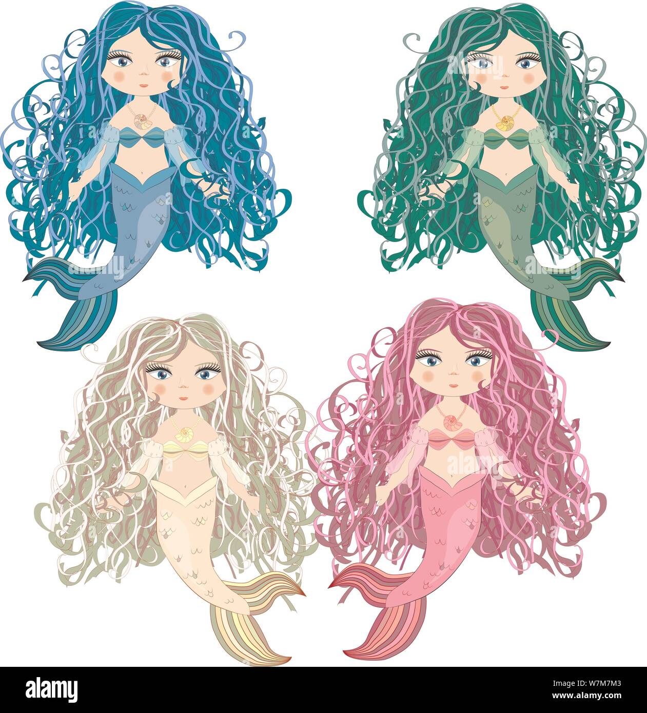 Set of cartoon, cute little mermaid, sea princess, siren, with long hair,  open eyes and a forked tail Stock Vector Image & Art - Alamy