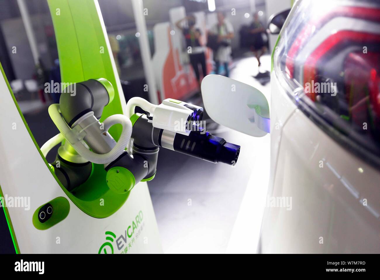 An EV of EVCard electric car sharing service is being charged by