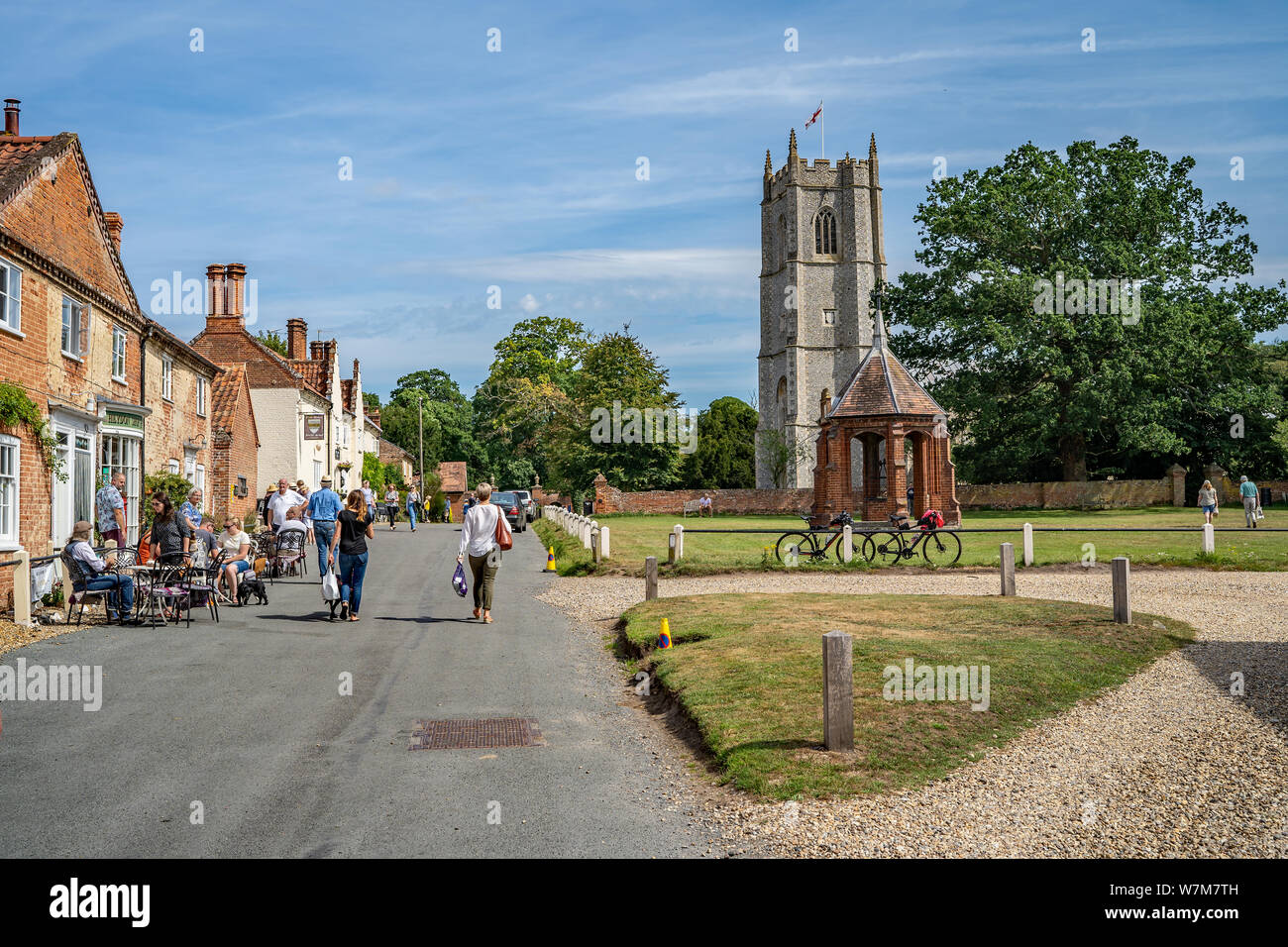 A view up the main street of the chocolate box village of Heydon in