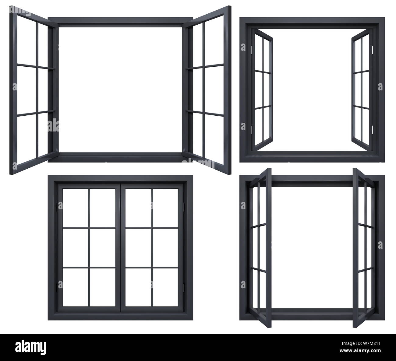 Collection of black window frames isolated on white Stock Photo