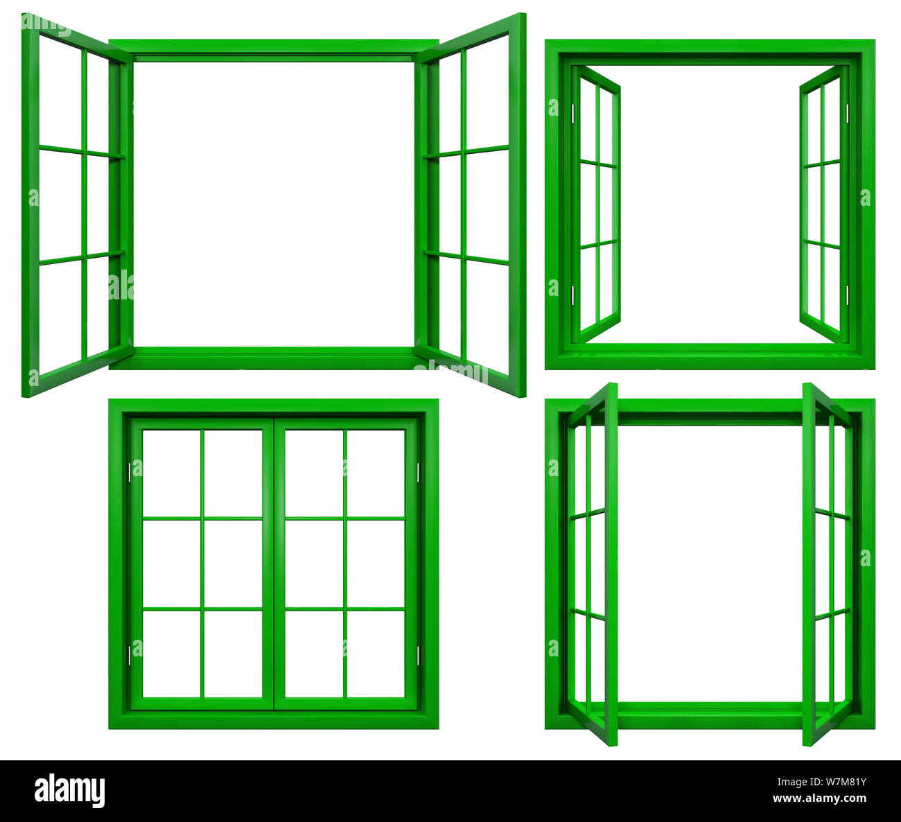 Collection of green window frames isolated on white Stock Photo