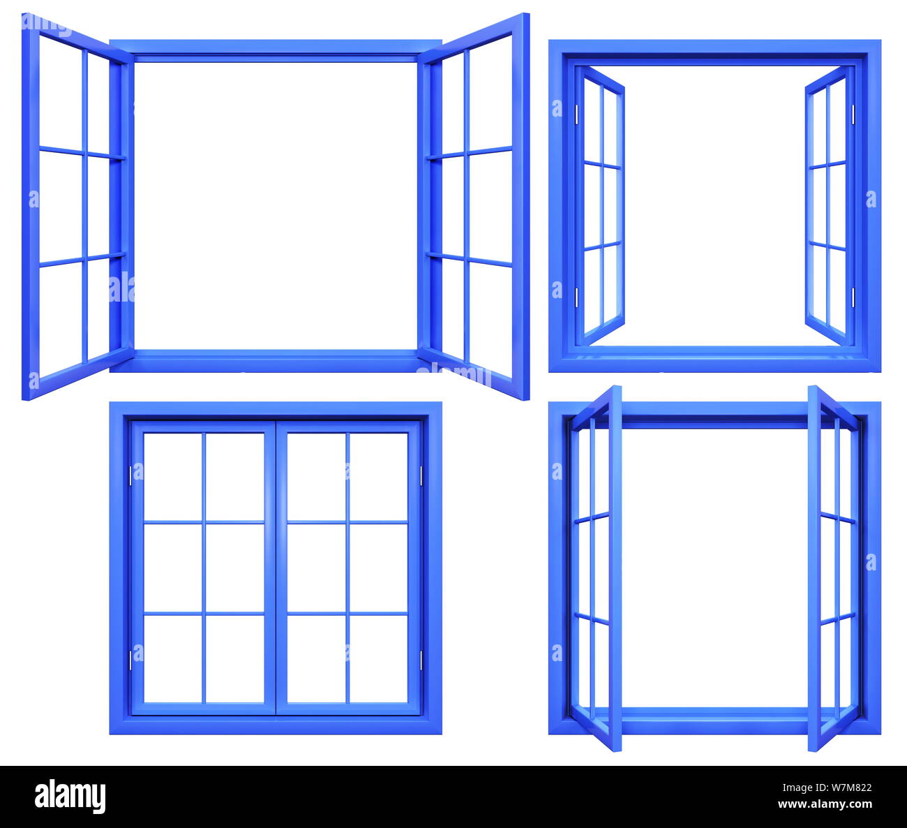 Collection of blue window frames isolated on white Stock Photo