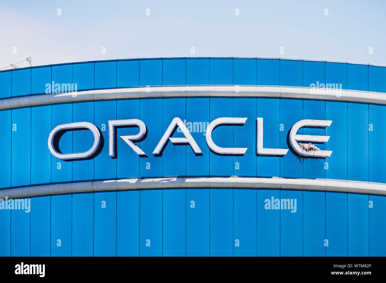 August 1, 2019 Redwood City / CA / USA -  Oracle logo at their HQ in Silicon Valley; Oracle Corporation is a multinational computer technology company Stock Photo