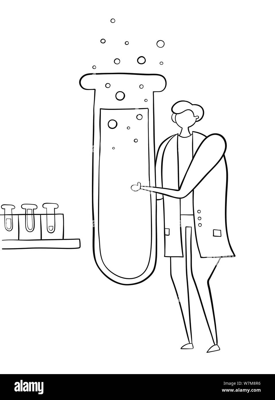 Scientist holding big test tube and doing experiment. Black outlines and white. Stock Vector