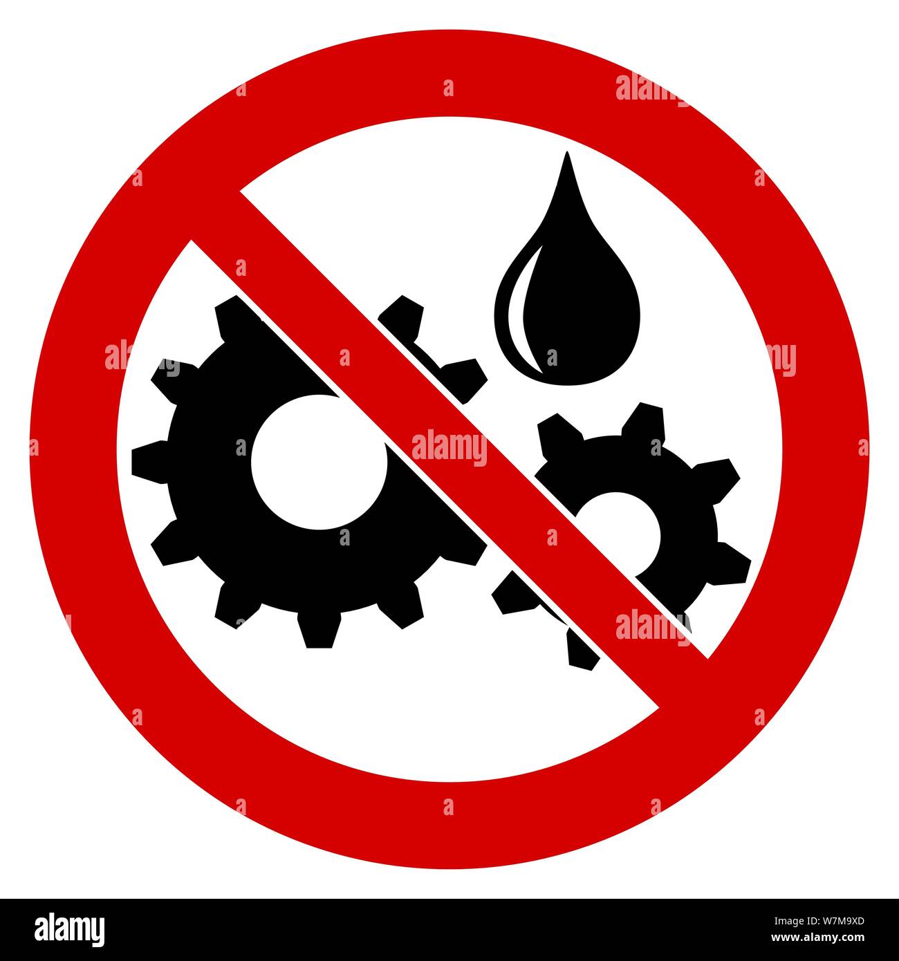 Do not lubricate / oil not required icon. Black gears cogwheels and liquid drop in red crossed circle. Stock Vector
