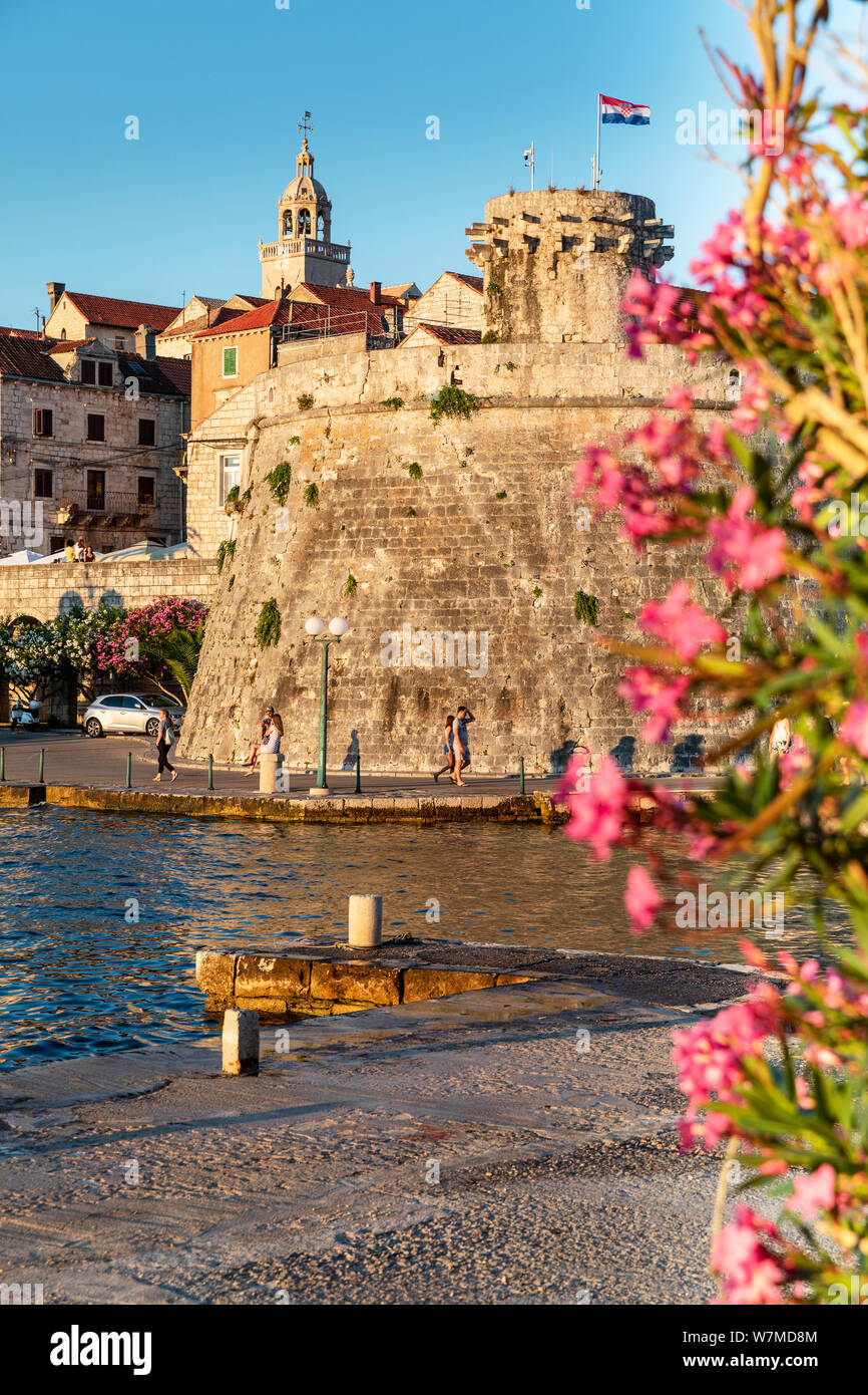 Fort in Korcula old town with a flowers in fronet Stock Photo