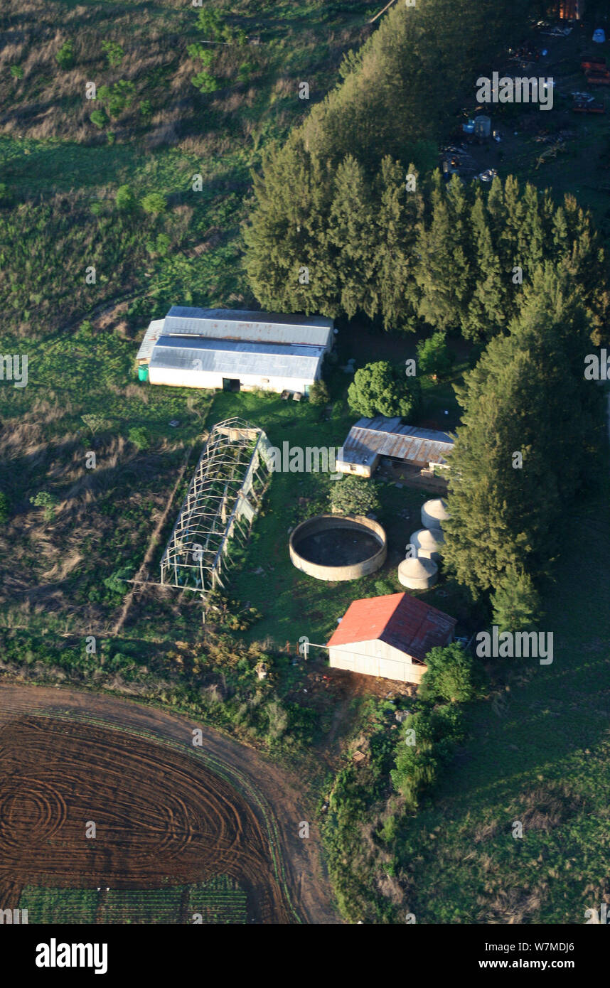 Aerial photo of worn down buildings on a farm, Drakensberg, South Africa Stock Photo