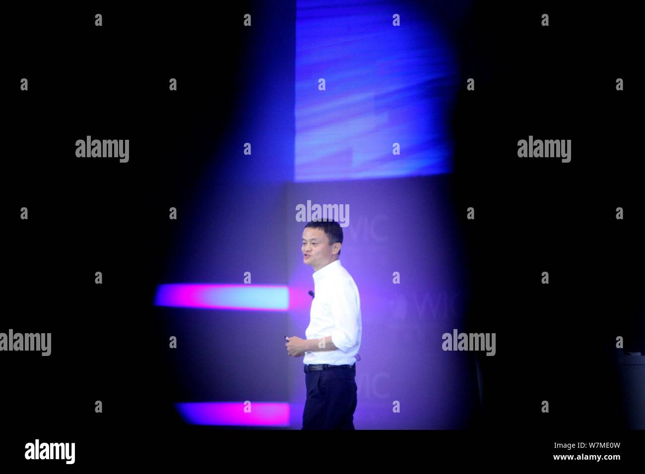 Jack Ma or Ma Yun, chairman of Chinese e-commerce giant Alibaba Group, speaks at the main forum during the first World Intelligence Congress, also kno Stock Photo